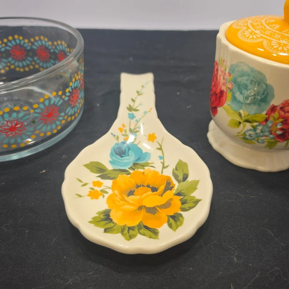 Pioneer Woman 3pc Kitchen Set Sugar Bowl Spoon Rest Glass Floral Bowl Multicolor